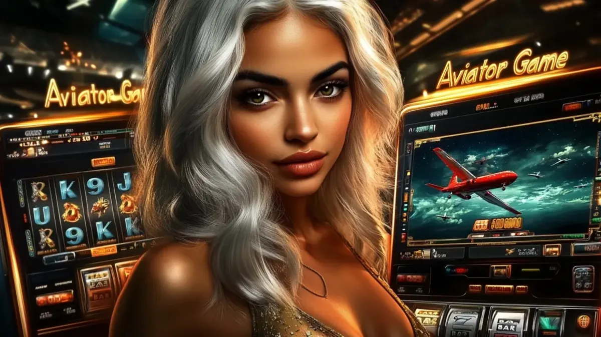 A beautiful woman with striking white hair is featured between two screens displaying the popular Aviator Game on the ywkk platform. The game shows a red airplane, symbolizing the exciting crash game mechanic available at ywkk online casino.