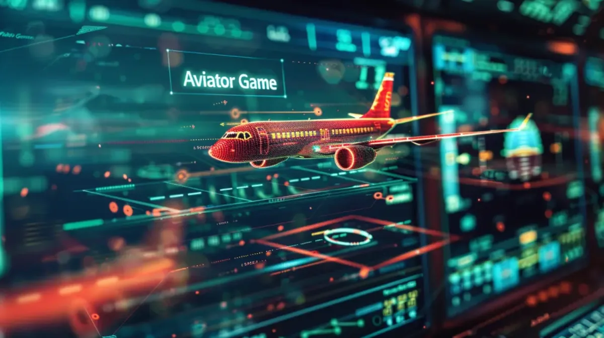 A futuristic heads-up display (HUD) showing a digital wireframe of a red airplane with the text Aviator Game. This high-tech image represents the innovative and engaging gameplay of the Aviator crash game on the ywkk platform.