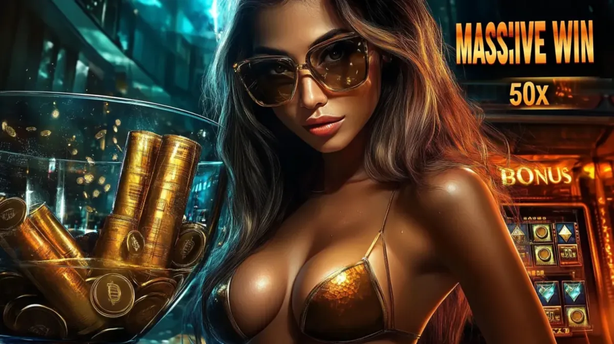 A chic woman wearing sunglasses in a luxurious gold bikini, with a large bowl of gold bars in front of her. The text MASSIVE WIN 50X is displayed prominently, promoting the huge multipliers and jackpots available at ywkk casino.